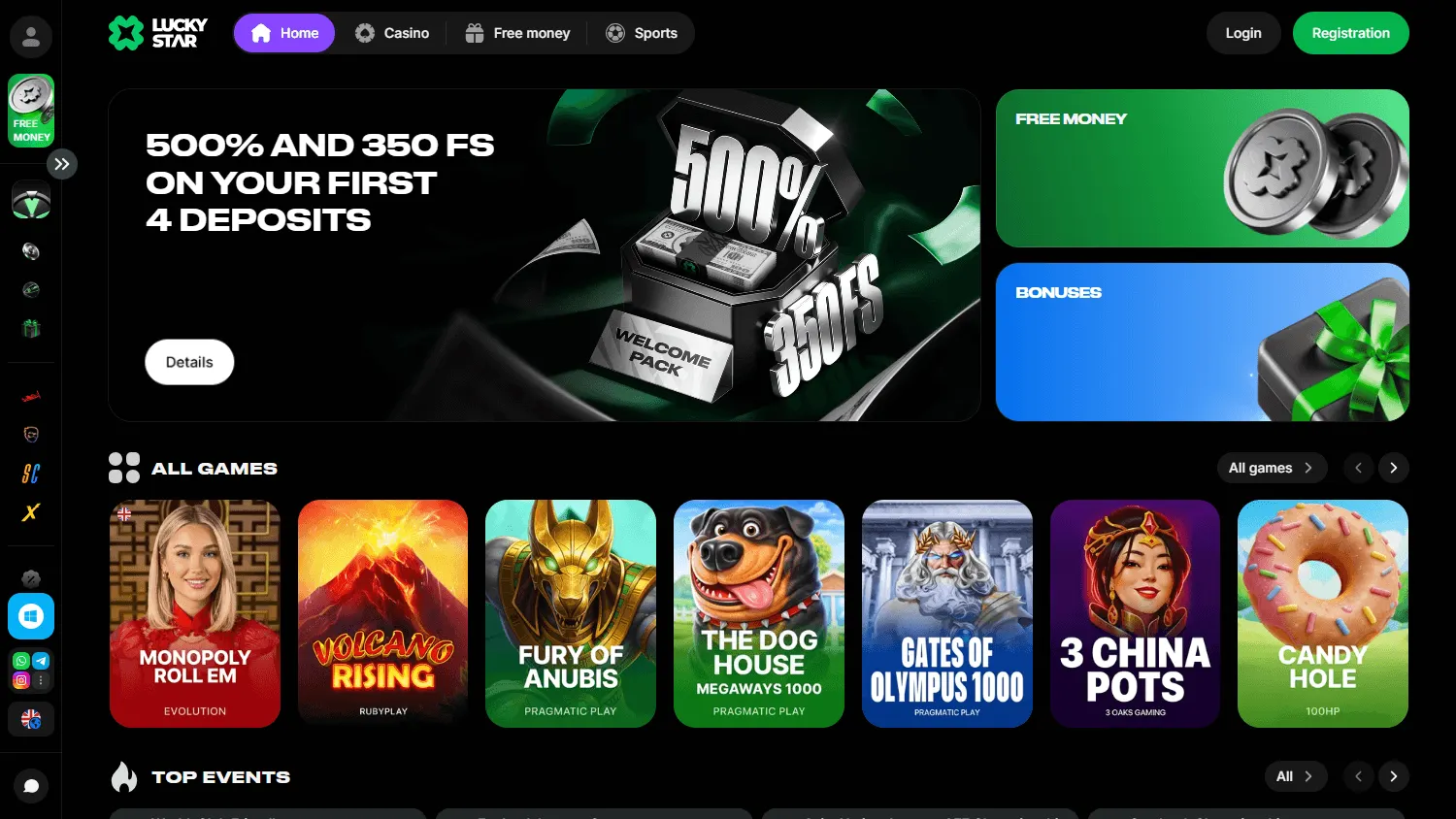 Lucky Star Casino desktop home with casino categories and account features