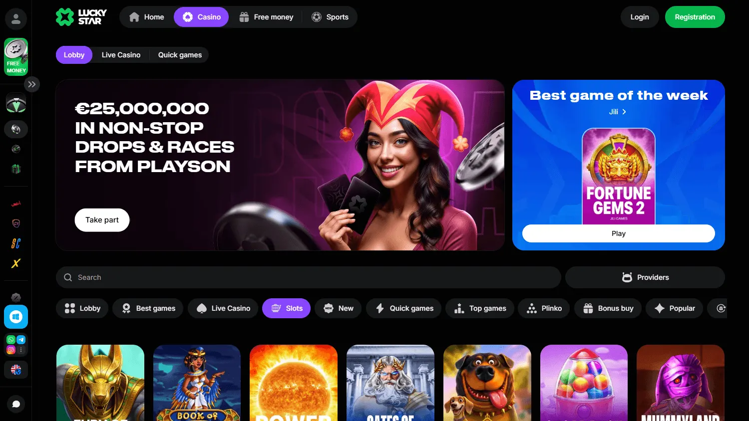 Lucky Star Casino desktop games area with pokies and live casino categories