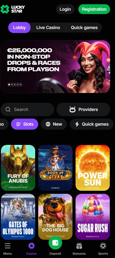 Lucky Star Casino mobile games area with pokies and live game options