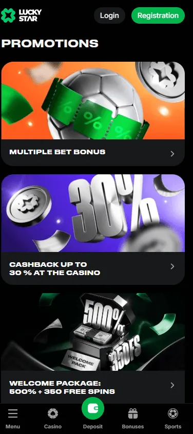 Lucky Star Casino mobile promotions area with free spins and player rewards
