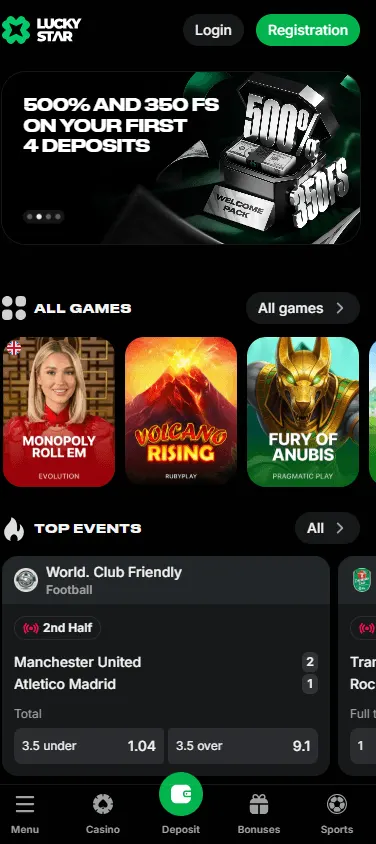Lucky Star Casino mobile home experience for browser play